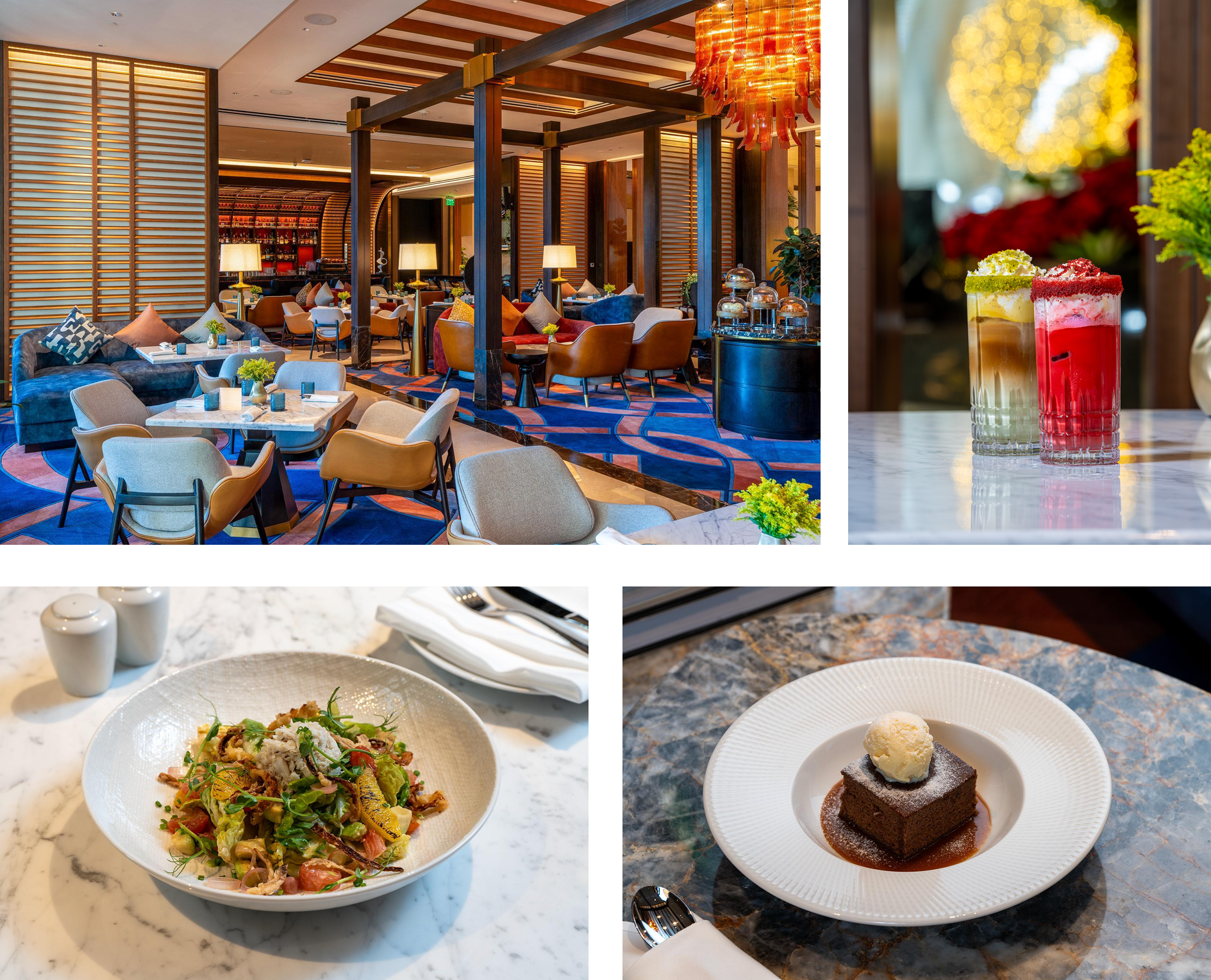 Café Mangrove interior, Signature Lattes (Pistachio, Red Velvet), Mangrove Crab Salad, Grandma’s Sticky Toffee Pudding