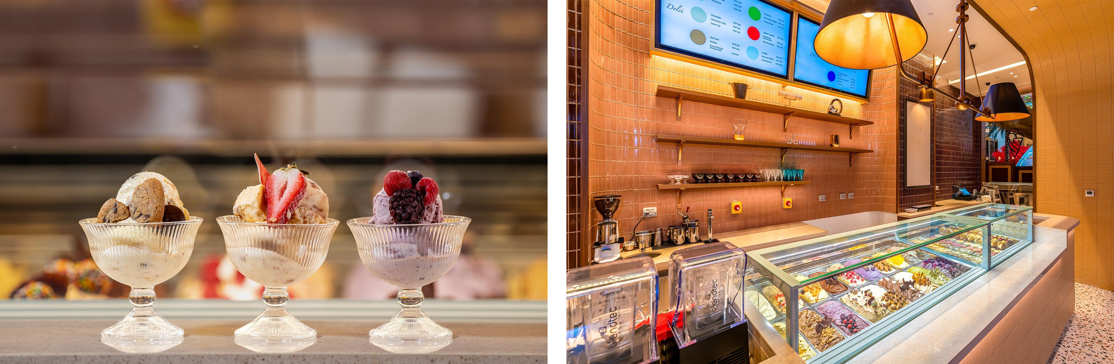 Pizzas and other offerings available from Trattoria; Trattoria e Dolci interior