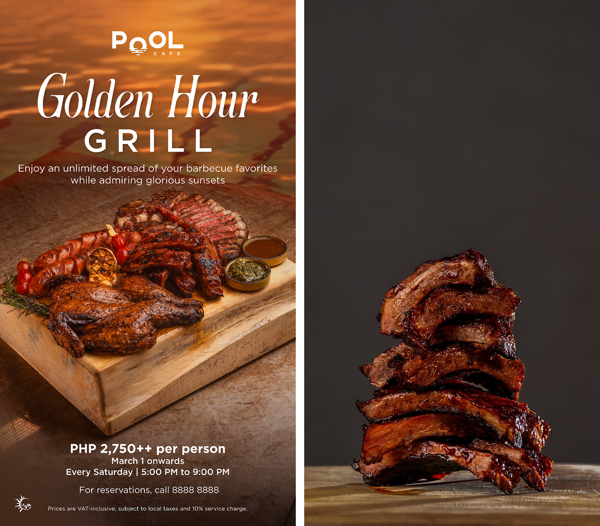 Official Golden Hour Grill promo poster, freshly cooked ribs from Pool Café’s Golden Hour Grill meat selection