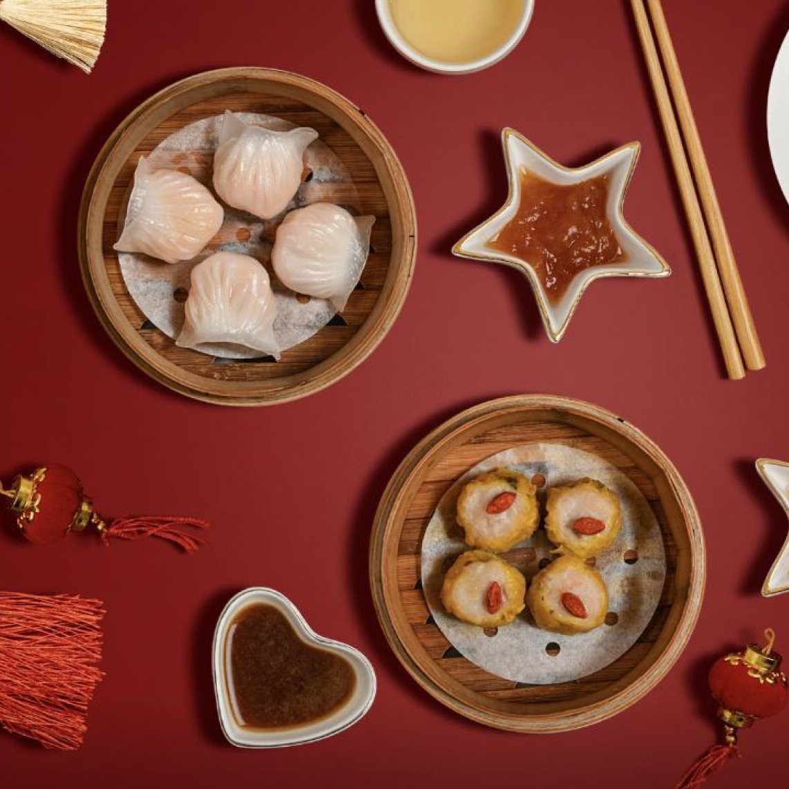 Red lantern’s Prosperity Feast is an expanded Dim Sum lunch with 49 dishes to choose from including truffle shrimp dumplings and abalone siu mai as shown in the photo.