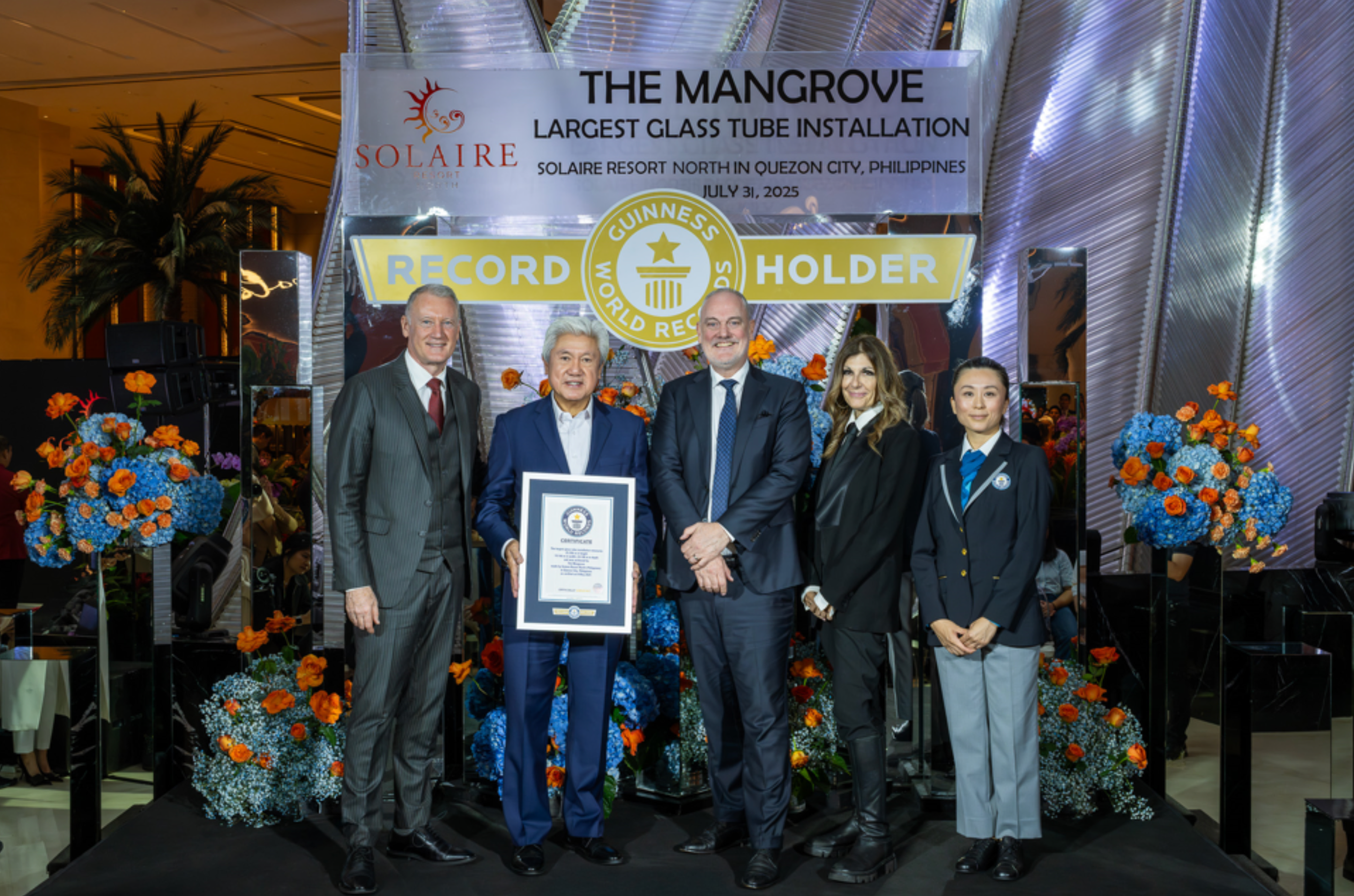 From L-R) President and Chief Operating Officer of Bloomberry Resorts Corp., Gregory Hawkins, Bloomberry Resorts Corp. Vice Chairman of Construction and Regulatory Affairs Donato Almeda, Solaire Resort North Chief Operating Officer Damian Quayle, Habitus Design Group Founder Samantha Drummond, and the official GUINNESS WORLD RECORDS™ Adjudicator Emi Saito