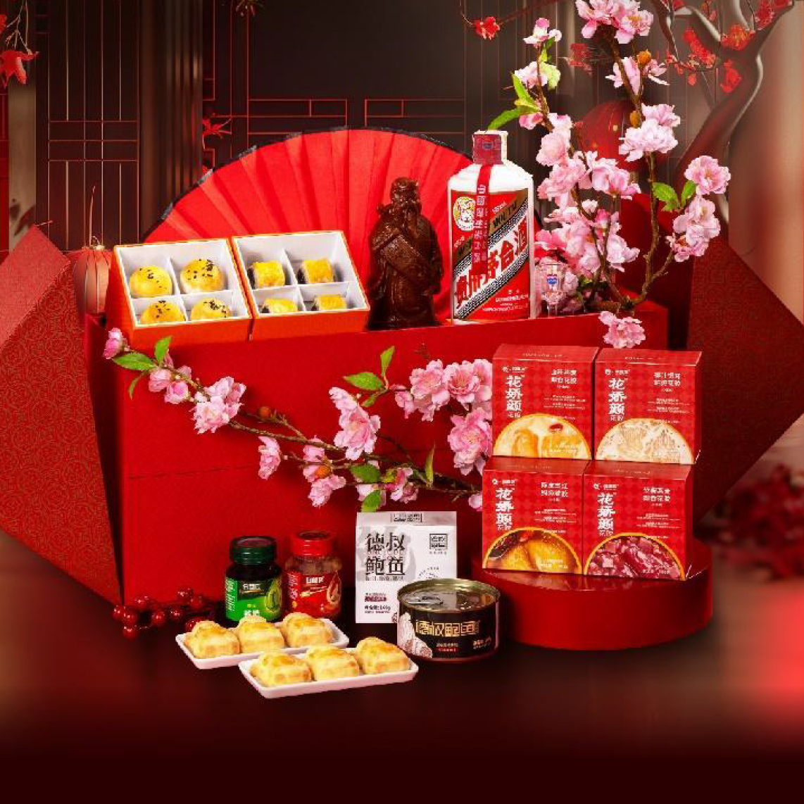 The Grand Fortune Box, one of Red Lantern’s Lunar Fortune Boxes, contains opulent treats like a God of wealth-shaped Tikoy, Kwei Chow Mou Tai, Black Truffle Abalone, and many more.