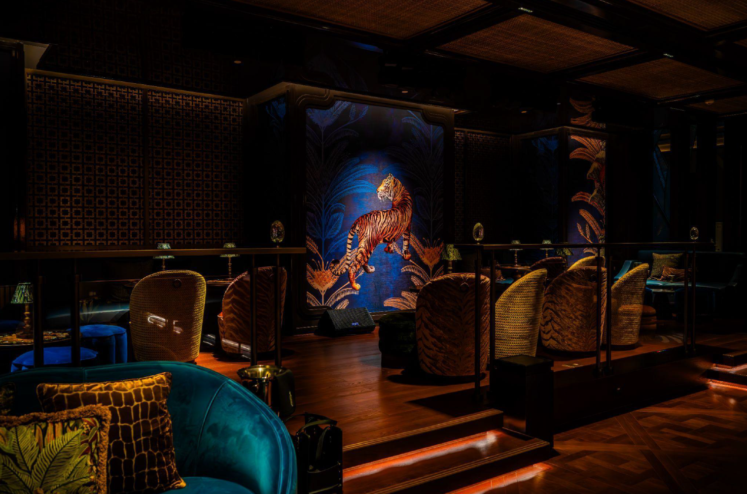 Tropical Art Deco motifs grace every corner of the lavish interiors, from the walls to each exquisite piece of furniture.