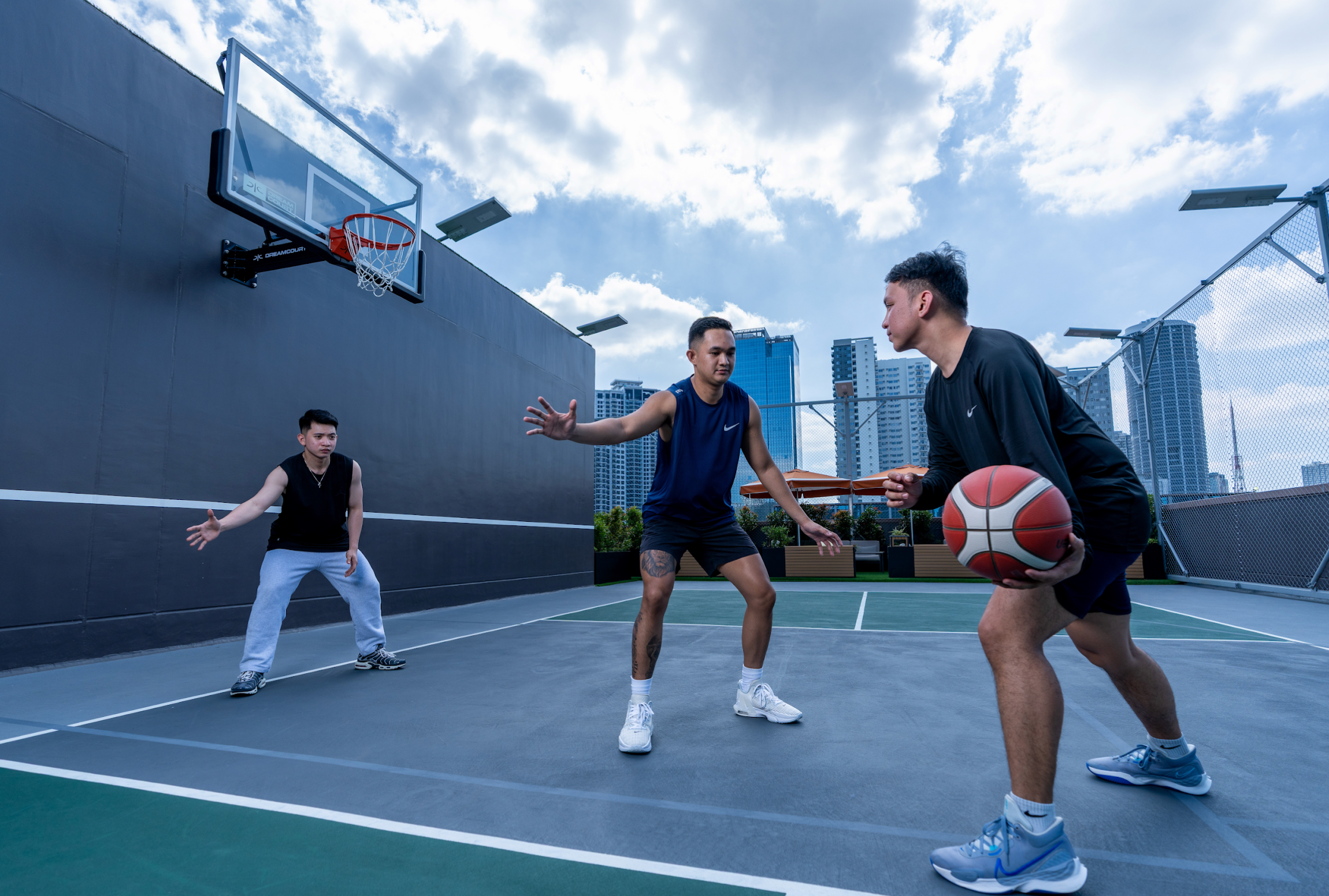 Game time with Dad at the Outdoor Fitness Deck.